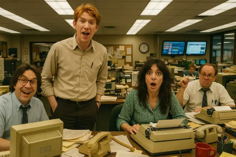 The Paper Mockumentary Newsroom Cast in Action