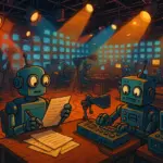 AI Showrunner grand central, retro TV studio with robots scripting and directing, glowing screens, Hollywood energy