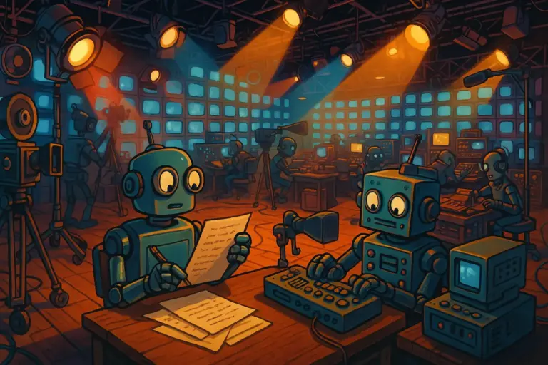 AI Showrunner grand central, retro TV studio with robots scripting and directing, glowing screens, Hollywood energy
