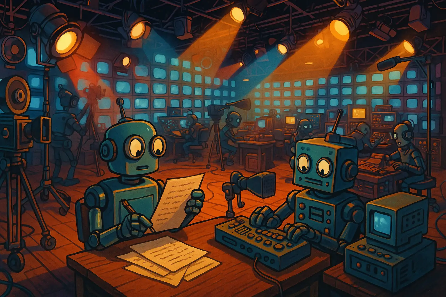 AI Showrunner grand central, retro TV studio with robots scripting and directing, glowing screens, Hollywood energy