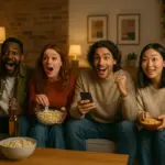 People excitedly watching weekly TV episodes in a cozy living room
