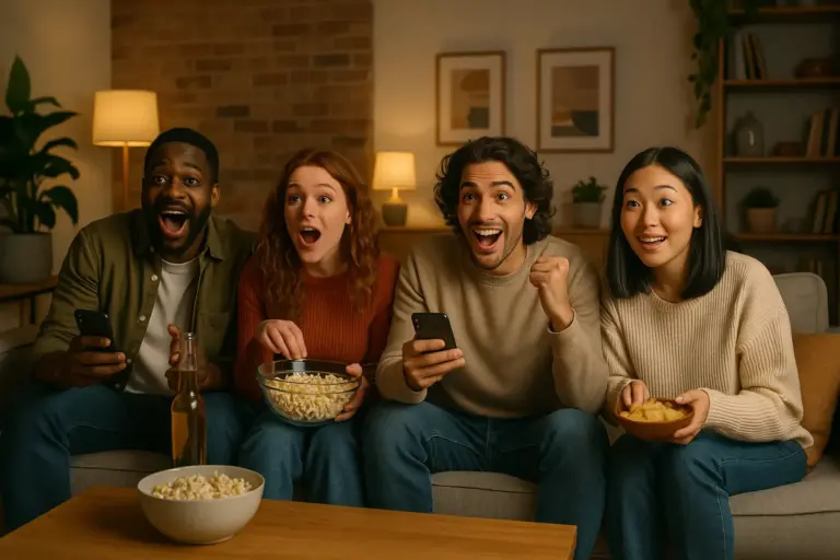 People excitedly watching weekly TV episodes in a cozy living room